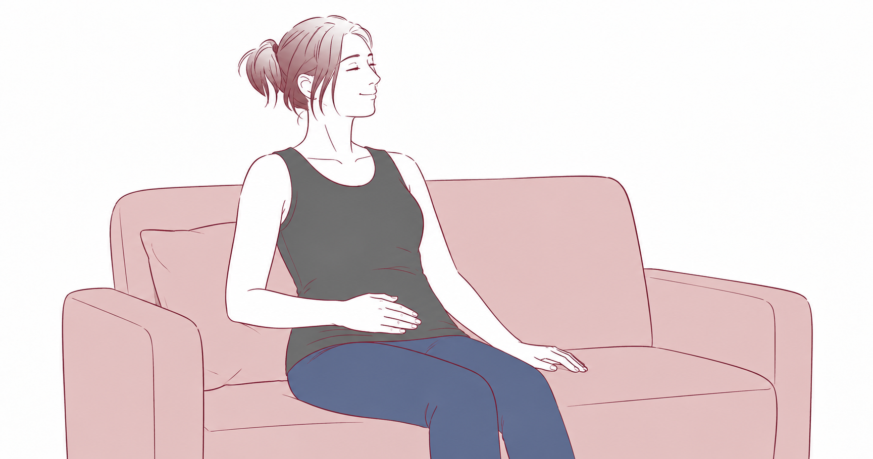 ソファで肩の力を抜き、お腹に手を添えてひと息つく女性
