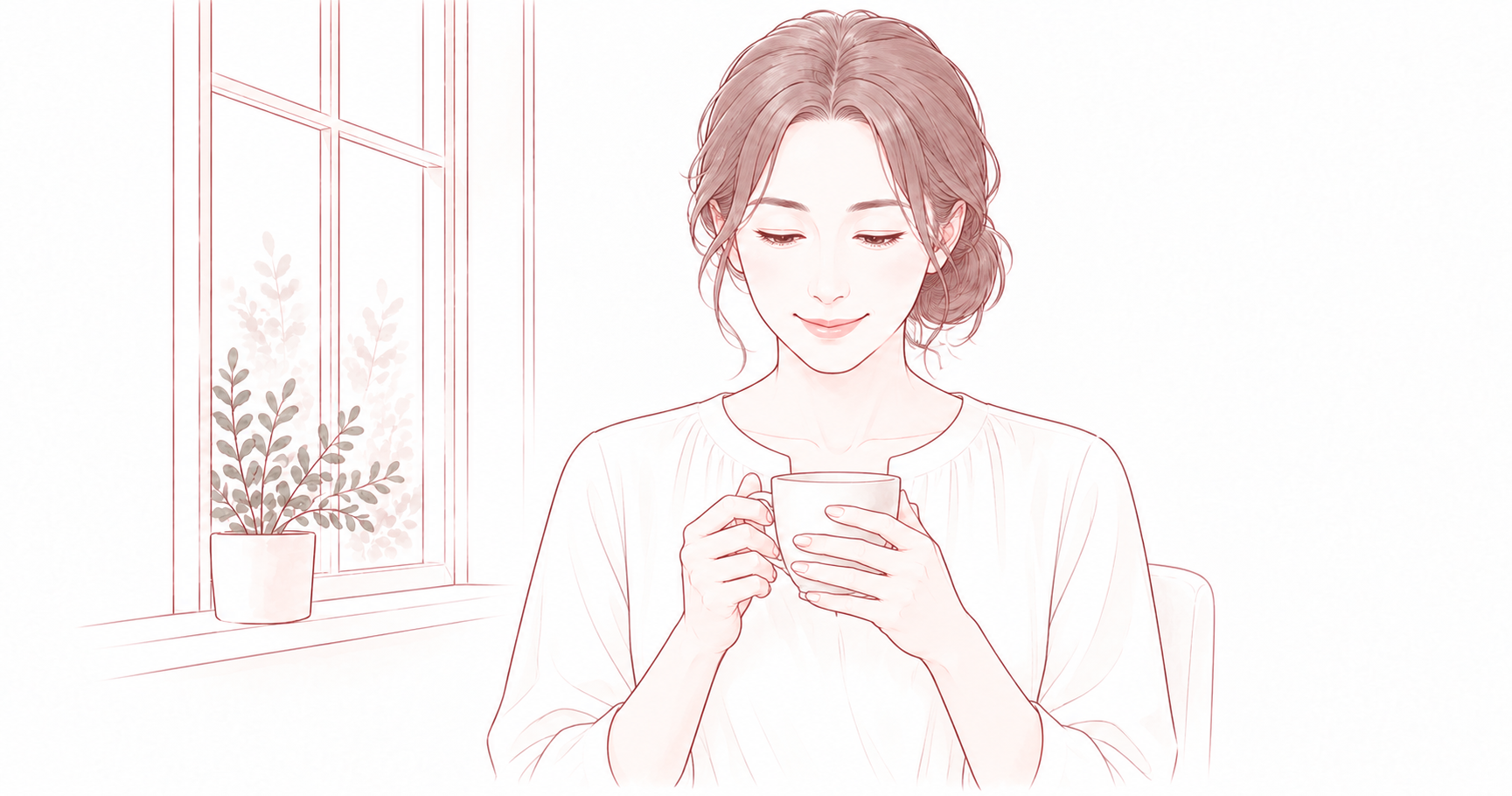 窓辺でカップを両手に持ち、穏やかにお茶を楽しむ女性