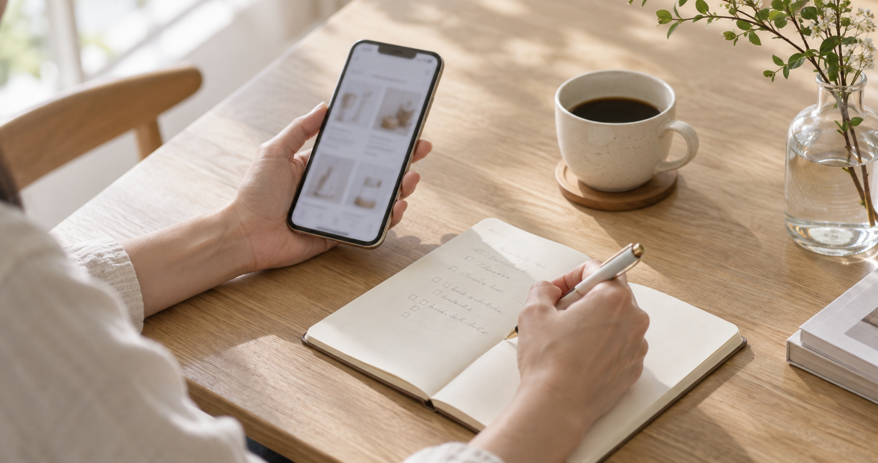 スマートフォンで比較しながらノートにメモする手元(イメージ)