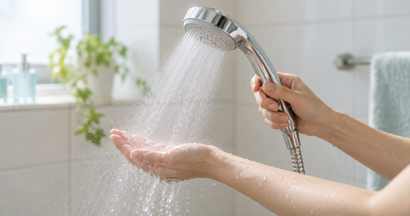 シャワーの水温を手で確かめる様子(イメージ)